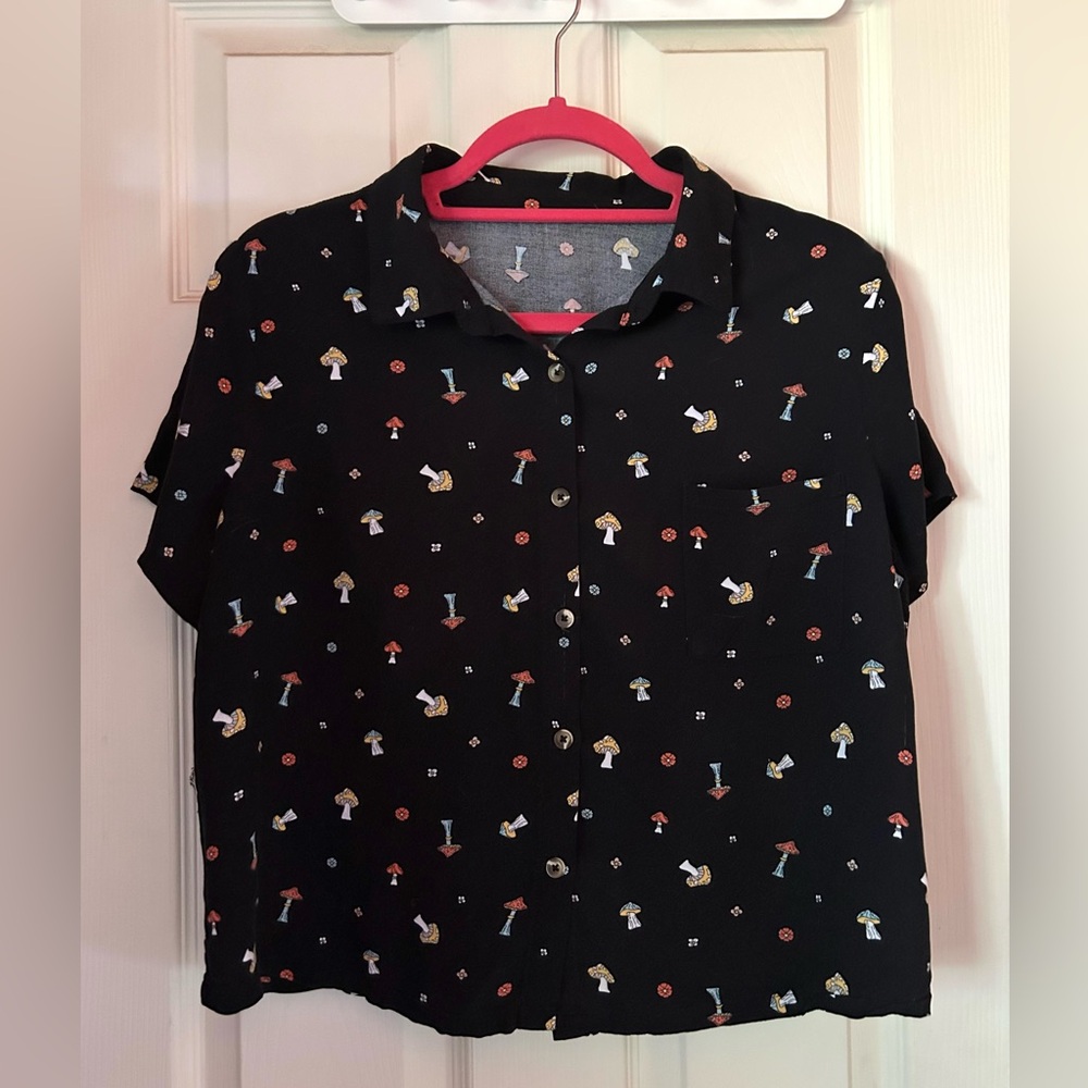 Black Button-Up Shirt with Mushroom Print